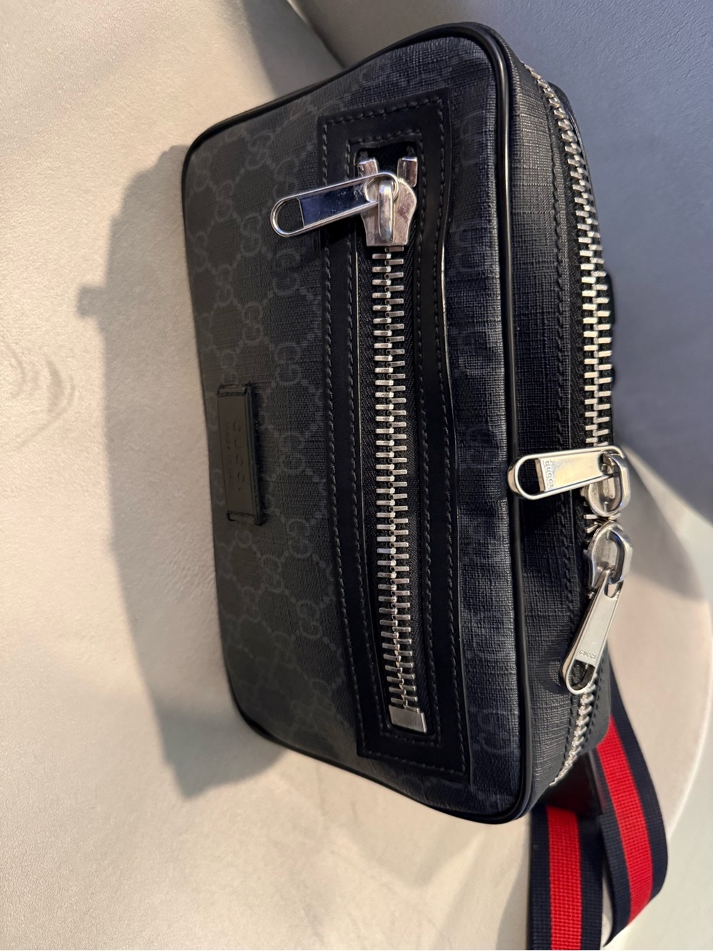 Gucci Black GG Supreme Belt Bag with Red & Blue Web Strap